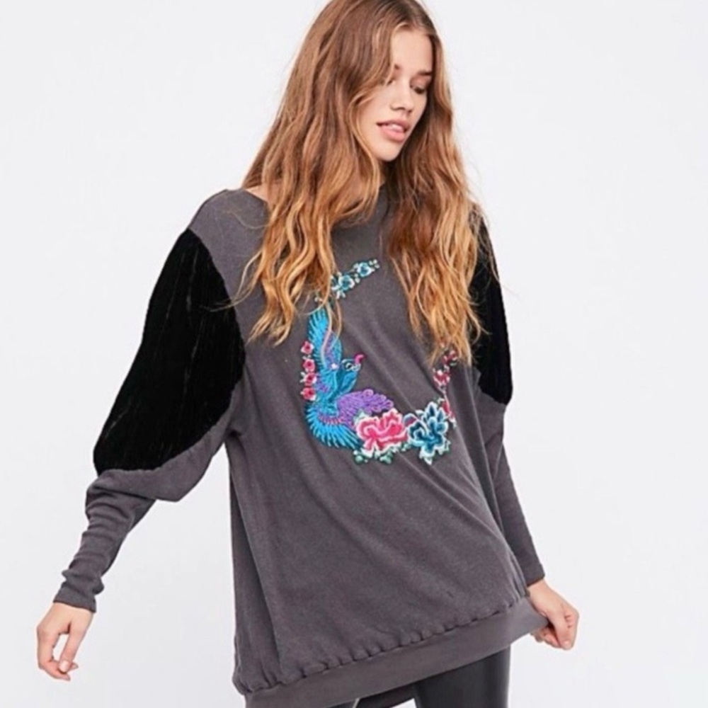 FREE PEOPLE Night Bird Velvet Embroidered Mini Dress/Tunic Pullover in Black — S